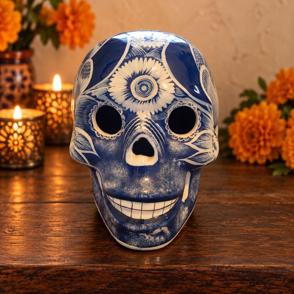 Mexican Talavera Style Ceramic Sugar Skull Blue White Bird Floral Folk Art